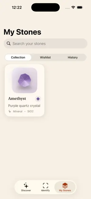 Pre-release My Stones screen showing an amethyst saved to a personal collection