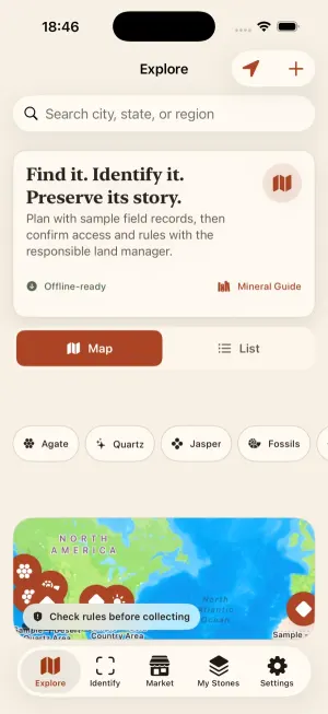 Pre-release Explore screen with collecting filters and a map of sample field locations