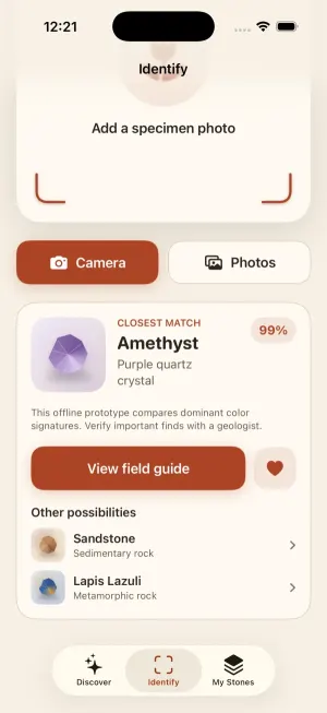 Pre-release Identify screen showing an amethyst photo match and alternative possibilities